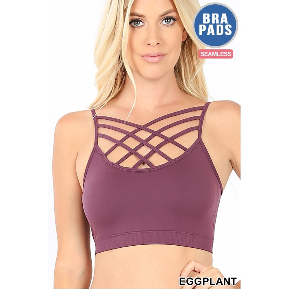 2X/3X Eggplant Triple Criss Cross Bralette + bra pads Zenana wireless seamless